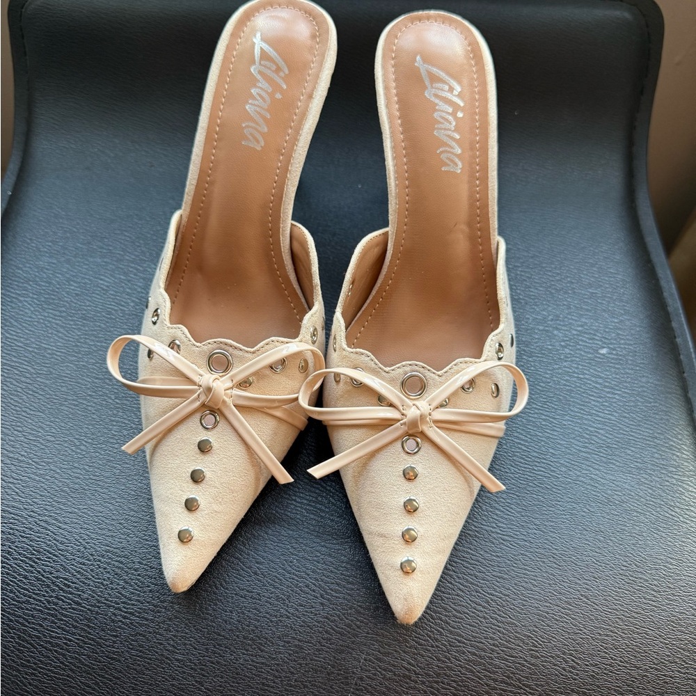 Liliana Women's Tan Mules with Bow Detail